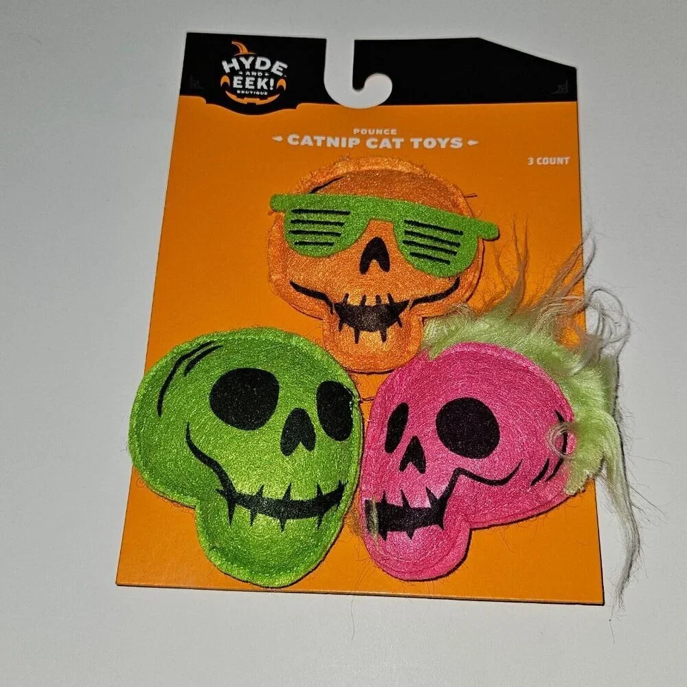 NEW 2 Pks Halloween Pet Catnip Cat Toys Lot Skeleton Skull Hyde & Eek